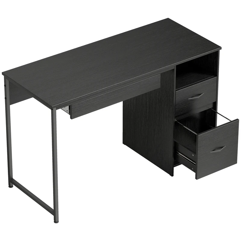 Secretária Compacta 120x52,3 cm Secretária de Escritório com Bandeja para Teclado Compartimento Aberto e Gavetas para Documentos Formato A4 Letter Legal Mesa de computador para Casa Estúdio Escritório Preto