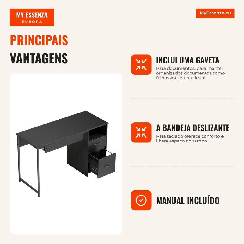 Secretária Compacta 120x52,3 cm Secretária de Escritório com Bandeja para Teclado Compartimento Aberto e Gavetas para Documentos Formato A4 Letter Legal Mesa de computador para Casa Estúdio Escritório Preto