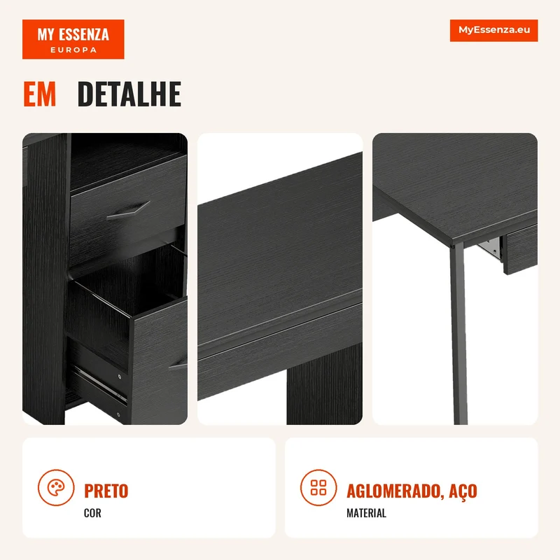 Secretária Compacta 120x52,3 cm Secretária de Escritório com Bandeja para Teclado Compartimento Aberto e Gavetas para Documentos Formato A4 Letter Legal Mesa de computador para Casa Estúdio Escritório Preto