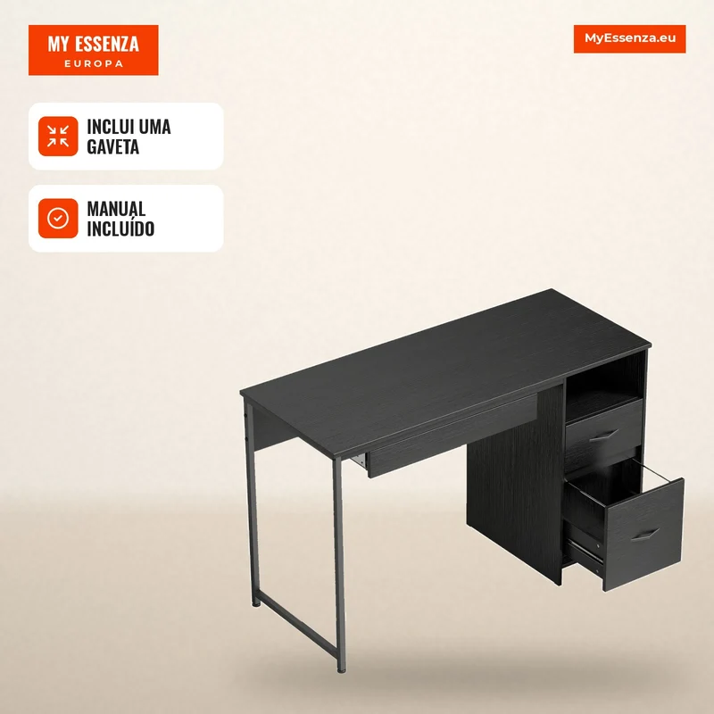 Secretária Compacta 120x52,3 cm Secretária de Escritório com Bandeja para Teclado Compartimento Aberto e Gavetas para Documentos Formato A4 Letter Legal Mesa de computador para Casa Estúdio Escritório Preto