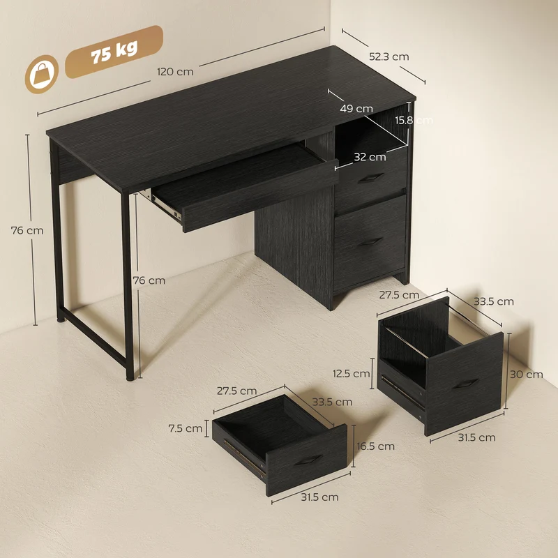 Secretária Compacta 120x52,3 cm Secretária de Escritório com Bandeja para Teclado Compartimento Aberto e Gavetas para Documentos Formato A4 Letter Legal Mesa de computador para Casa Estúdio Escritório Preto
