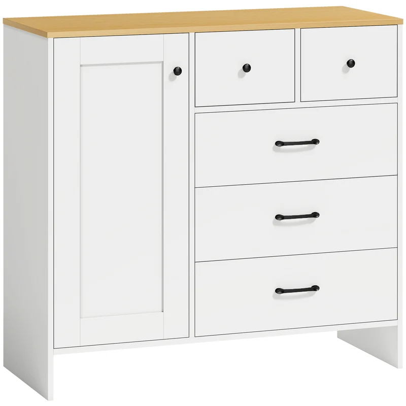 Aparador Cozinha Móvel de Arrumação com 5 Gavetas e Porta Estilo Rústico 100x40x94 cm Branco
