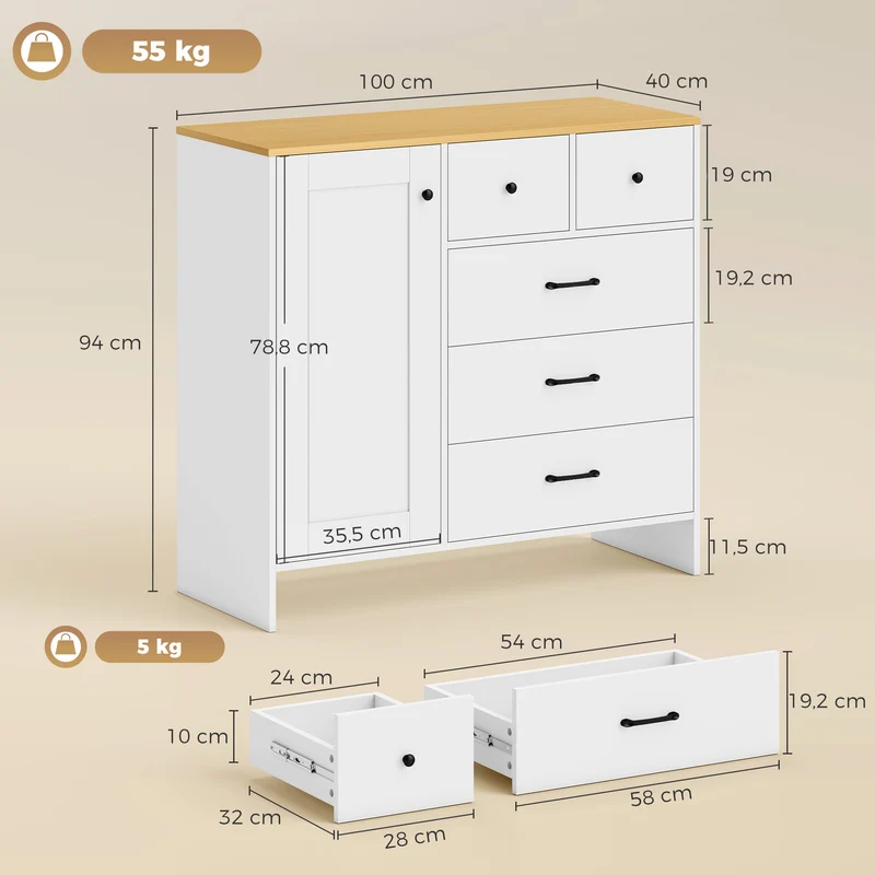 Aparador Cozinha Móvel de Arrumação com 5 Gavetas e Porta Estilo Rústico 100x40x94 cm Branco