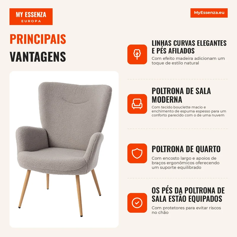 Poltrona de sala, poltrona almofadada em tecido bouclette com encosto alto e apoios de braço, 71x74x97,5cm, cinza