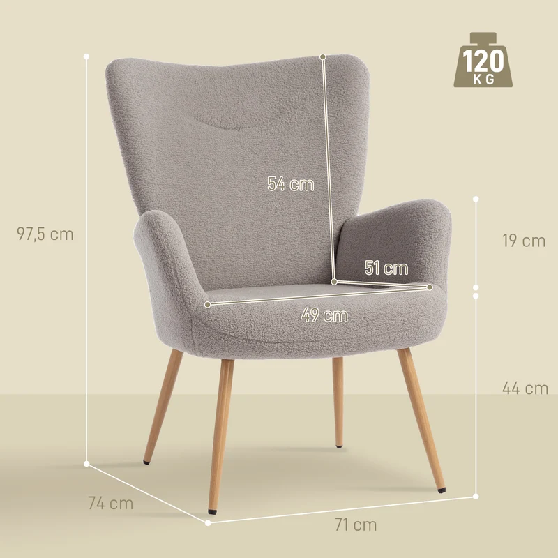 Poltrona de sala, poltrona almofadada em tecido bouclette com encosto alto e apoios de braço, 71x74x97,5cm, cinza