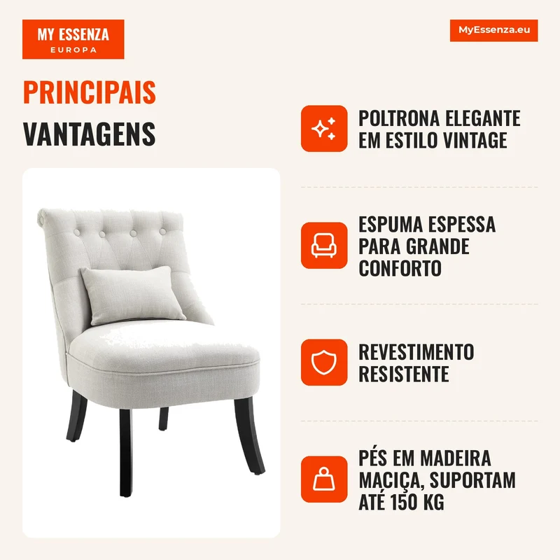 Poltrona estofada macia com almofada lombar, para ler e descansar, revestimento em tecido com aspecto de linho, 52,5 x 69 x 77 cm, Creme branco