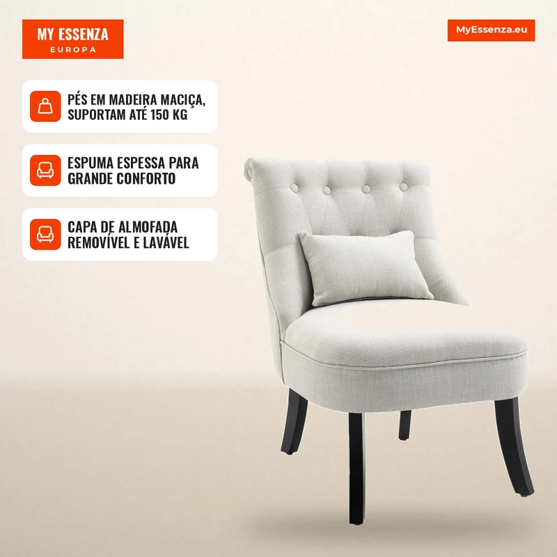 Poltrona estofada macia com almofada lombar, para ler e descansar, revestimento em tecido com aspecto de linho, 52,5 x 69 x 77 cm, Creme branco