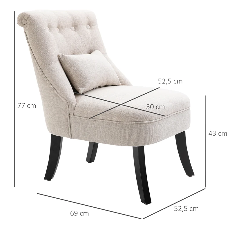 Poltrona estofada macia com almofada lombar, para ler e descansar, revestimento em tecido com aspecto de linho, 52,5 x 69 x 77 cm, Creme branco