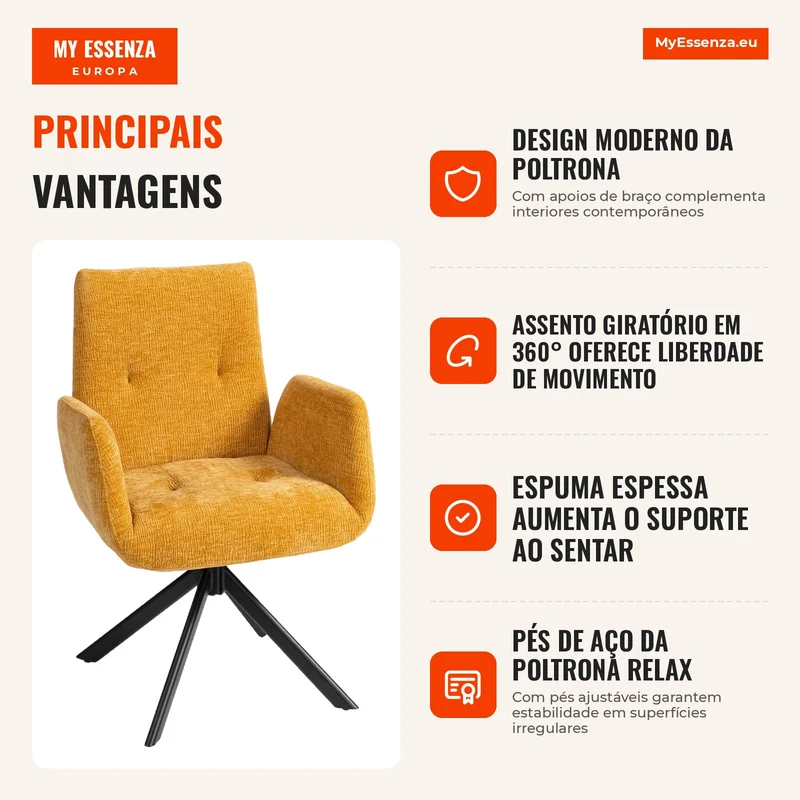 Poltrona Estofada, Poltrona de Destaque, Design Moderno, Giratória, até 120 kg, Amarelo