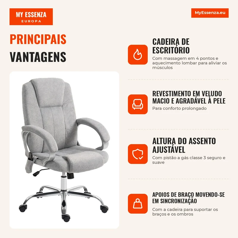 Cadeira de Escritório com Massagem e Aquecimento, Cadeira de Escritório Ergonômica, Altura e Apoios de Braço Ajustáveis, Cinza