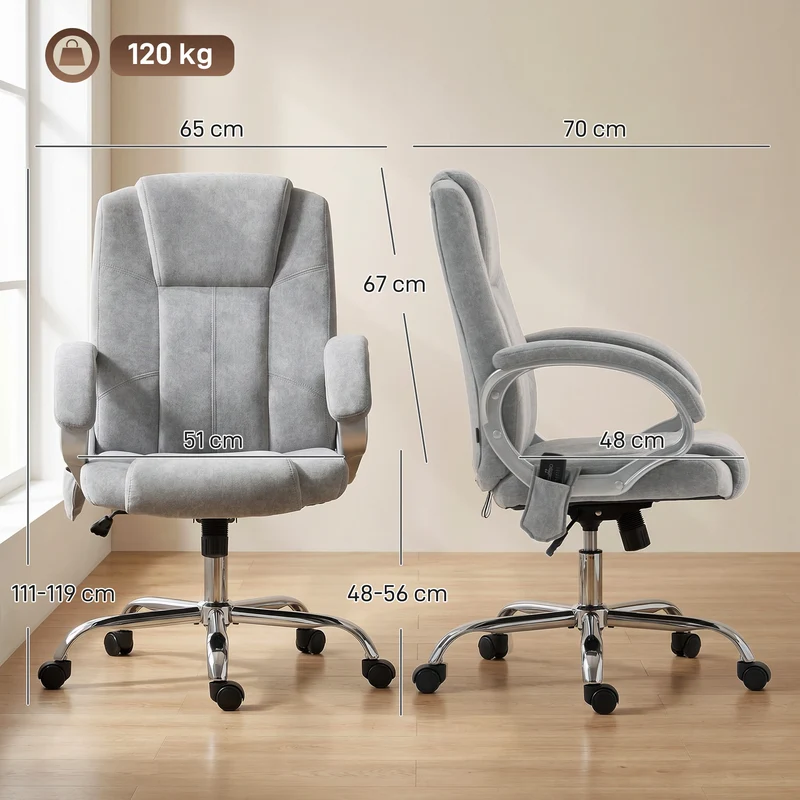 Cadeira de Escritório com Massagem e Aquecimento, Cadeira de Escritório Ergonômica, Altura e Apoios de Braço Ajustáveis, Cinza