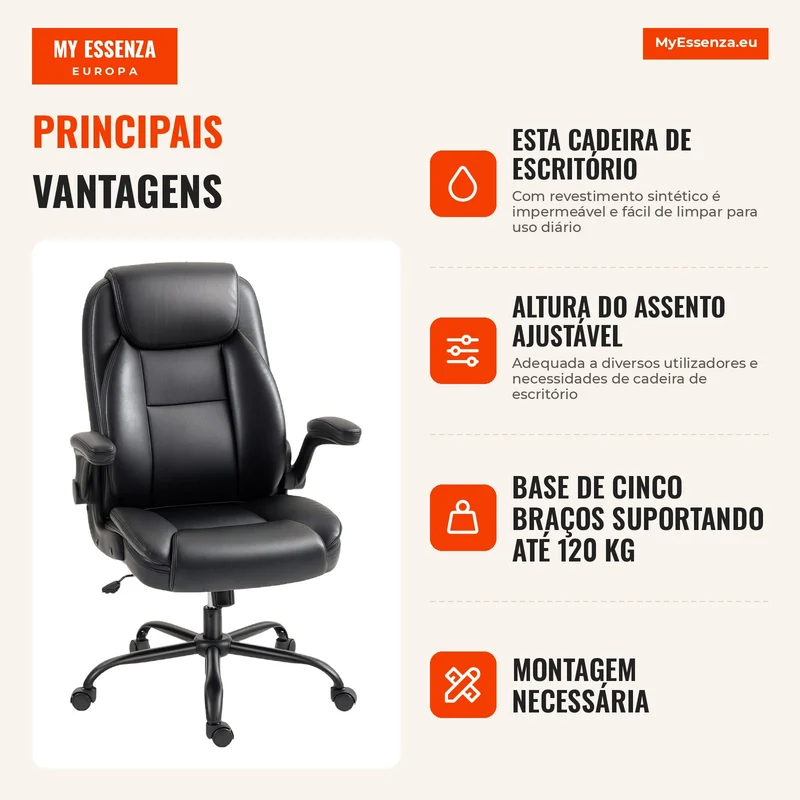 Cadeira de Escritório com Apoios de Braço Rebatíveis Cadeira Ergonômica Altura Ajustável Função de Balanço Preto