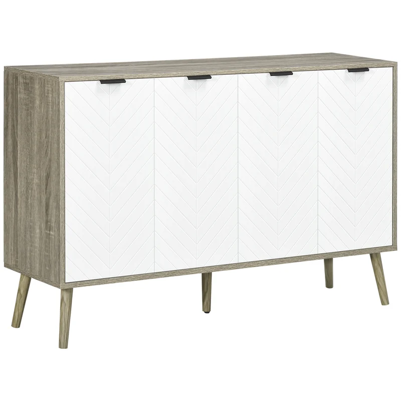 Buffet baixo móvel de arrumação 2 armários 4 portas padrão chevrons prateleiras ajustáveis 120 x 35 x 77,4 cm branco e cinza