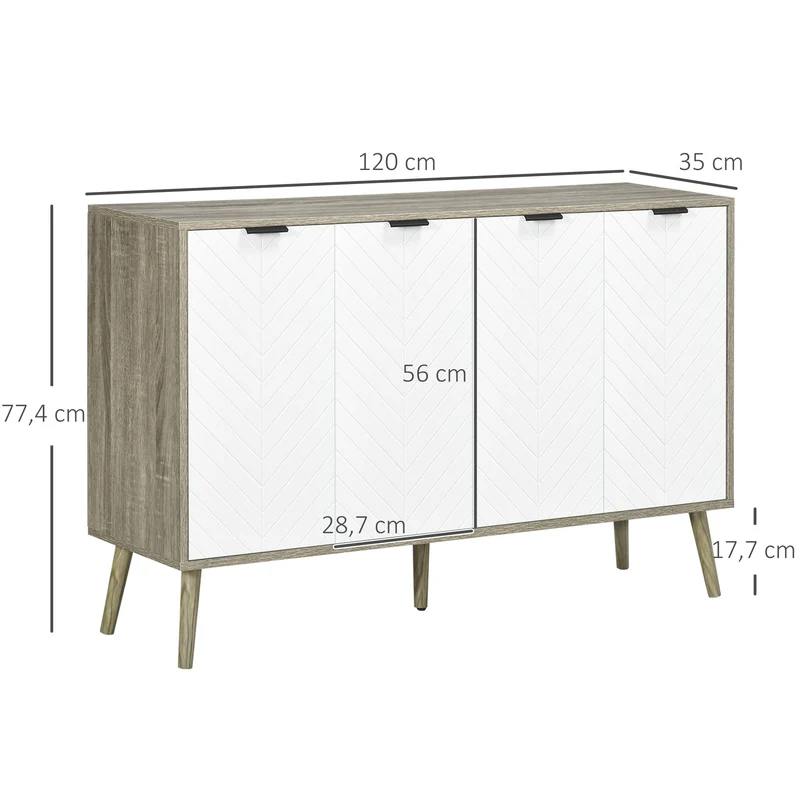 Buffet baixo móvel de arrumação 2 armários 4 portas padrão chevrons prateleiras ajustáveis 120 x 35 x 77,4 cm branco e cinza