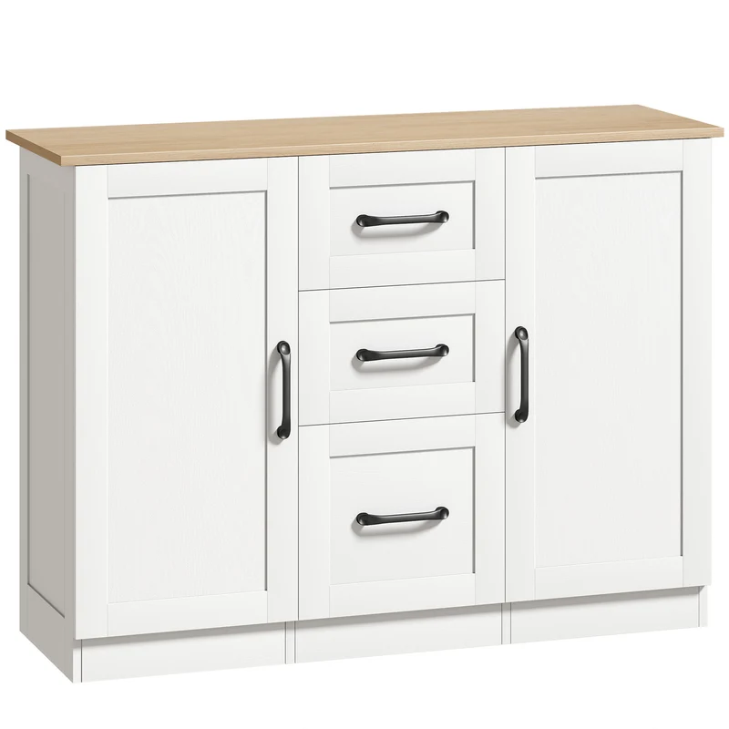 Aparador para Sala Móvel de Arrumação com 2 Portas de Fecho Suave e 3 Gavetas 110x35x80,4 cm Branco e Madeira Natural