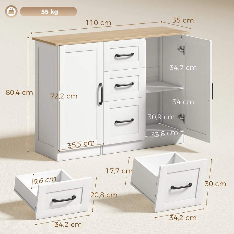 Aparador para Sala Móvel de Arrumação com 2 Portas de Fecho Suave e 3 Gavetas 110x35x80,4 cm Branco e Madeira Natural