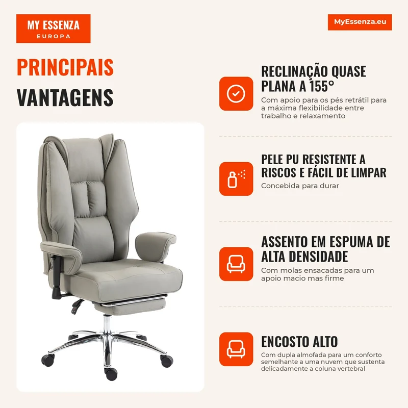 Cadeira de Escritório Ergonómica Reclinável com Apoio para os Pés, Encosto Alto, Altura Ajustável, Cinza Claro