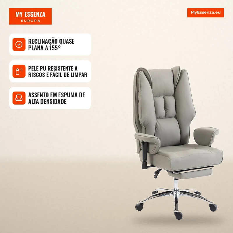 Cadeira de Escritório Ergonómica Reclinável com Apoio para os Pés, Encosto Alto, Altura Ajustável, Cinza Claro