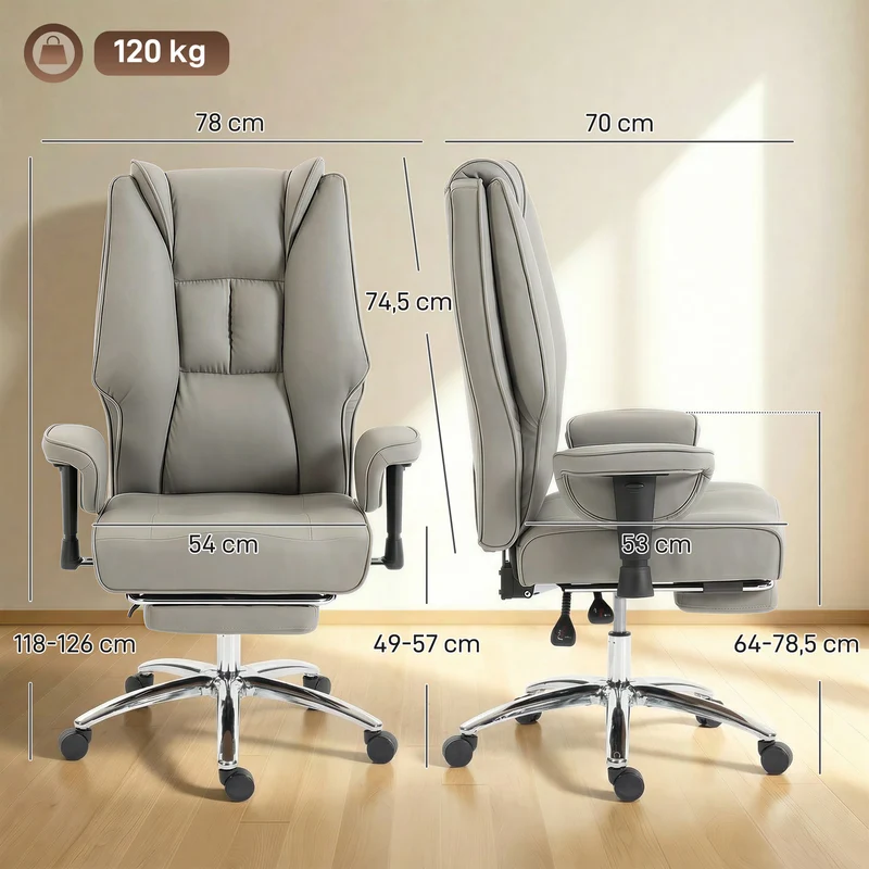 Cadeira de Escritório Ergonómica Reclinável com Apoio para os Pés, Encosto Alto, Altura Ajustável, Cinza Claro