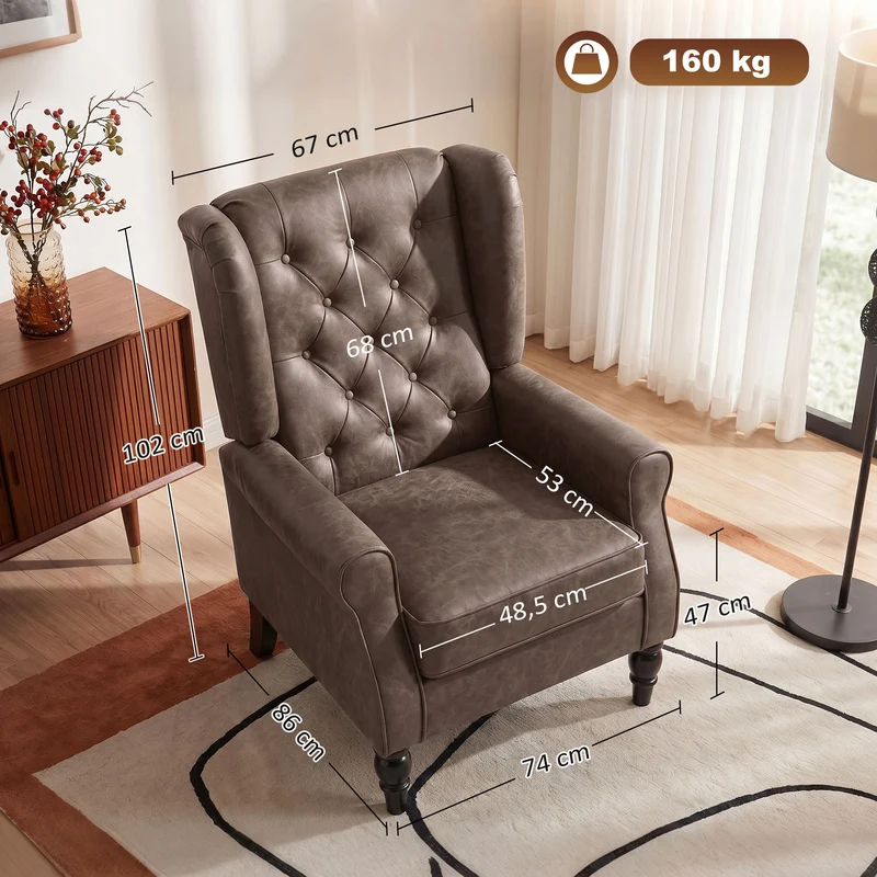 Poltrona para Quarto em Pele PU com Assento Amplo Braços e Pés em Madeira de Eucalipto Castanho