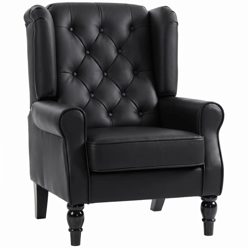 Poltrona para Quarto em Pele PU com Assento Largo Braços e Pés em Madeira de Eucalipto Preto