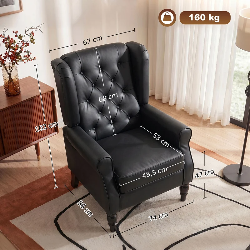 Poltrona para Quarto em Pele PU com Assento Largo Braços e Pés em Madeira de Eucalipto Preto