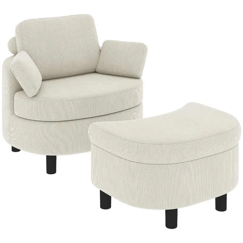 Poltrona com Puff com Armazenamento, Revestimento em Cotelê, Poltrona de Leitura Envolvente com Apoio de Cabeça Ajustável, Assento Largo, Creme branco