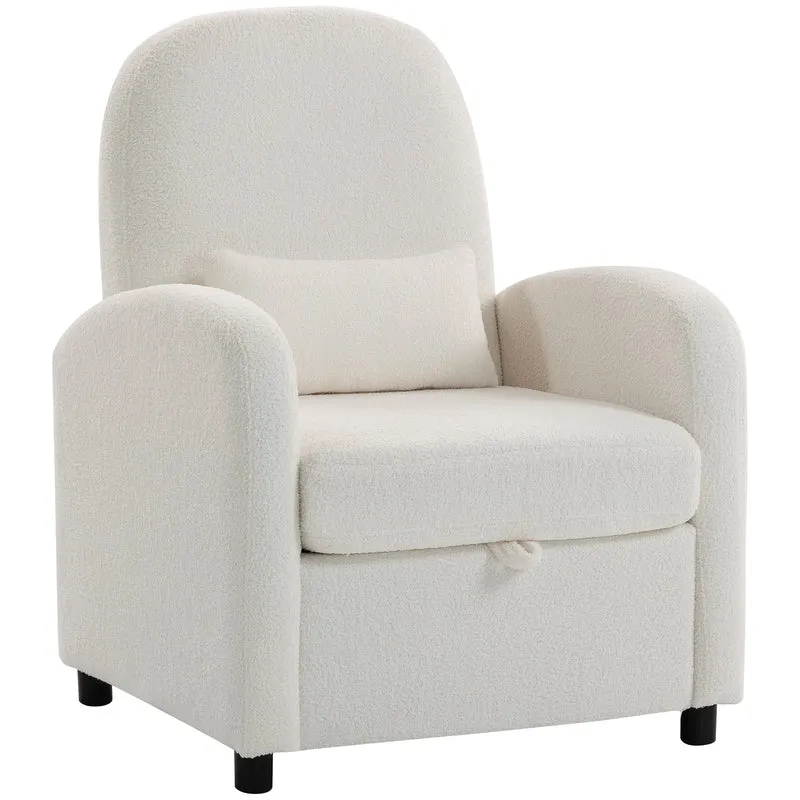 Poltrona Moderna com Espaço de Arrumação Oculto e Almofada, Revestimento em Tecido Teddy, 76x77x95 cm, Creme