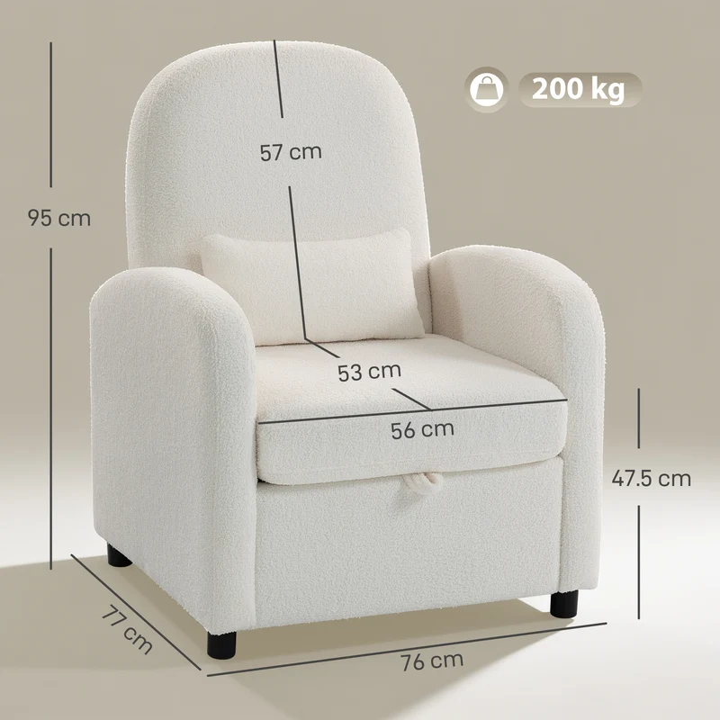 Poltrona Moderna com Espaço de Arrumação Oculto e Almofada, Revestimento em Tecido Teddy, 76x77x95 cm, Creme