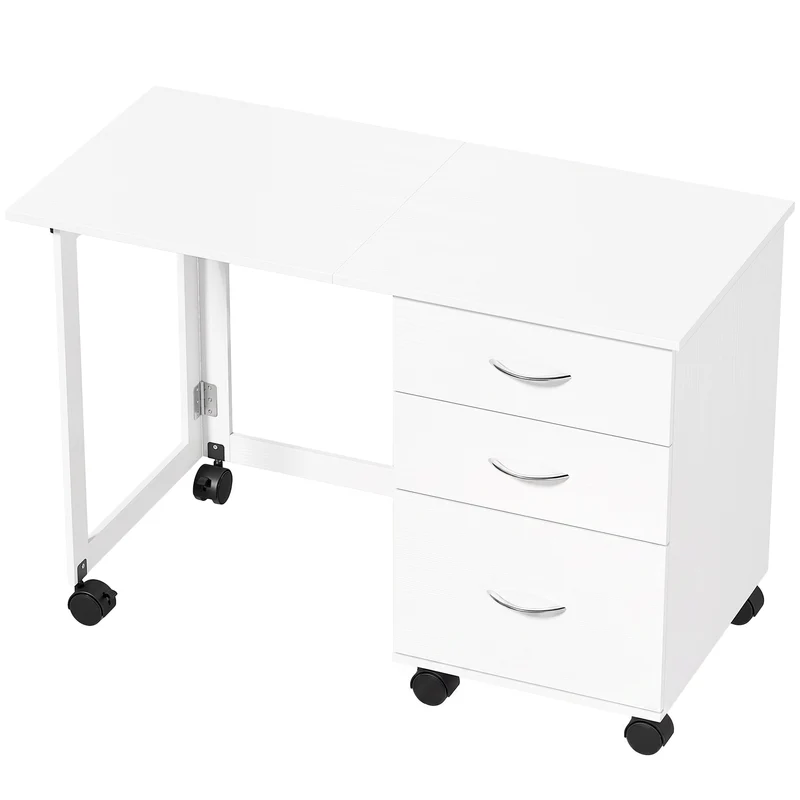 Secretária Dobrável com Rodas e Travões 3 Gavetas e Tampo Rebatível Design Moderno 107x50x72 cm Branco com Veio