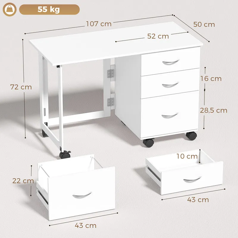 Secretária Dobrável com Rodas e Travões 3 Gavetas e Tampo Rebatível Design Moderno 107x50x72 cm Branco com Veio