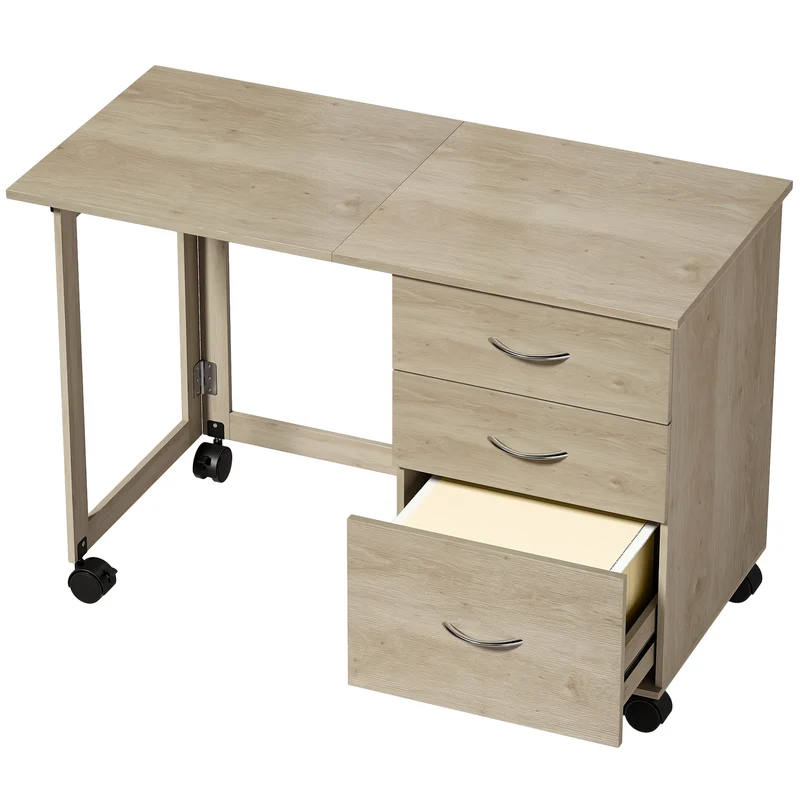 Secretária Dobrável com Rodas com Travão, 3 Gavetas e Tampo Rebatível, Design Moderno, 107x50x72 cm, Carvalho