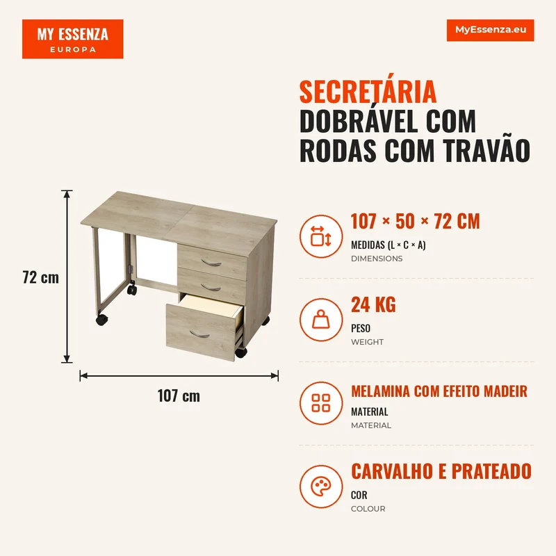 Secretária Dobrável com Rodas com Travão, 3 Gavetas e Tampo Rebatível, Design Moderno, 107x50x72 cm, Carvalho