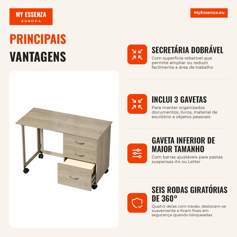 Secretária Dobrável com Rodas com Travão, 3 Gavetas e Tampo Rebatível, Design Moderno, 107x50x72 cm, Carvalho