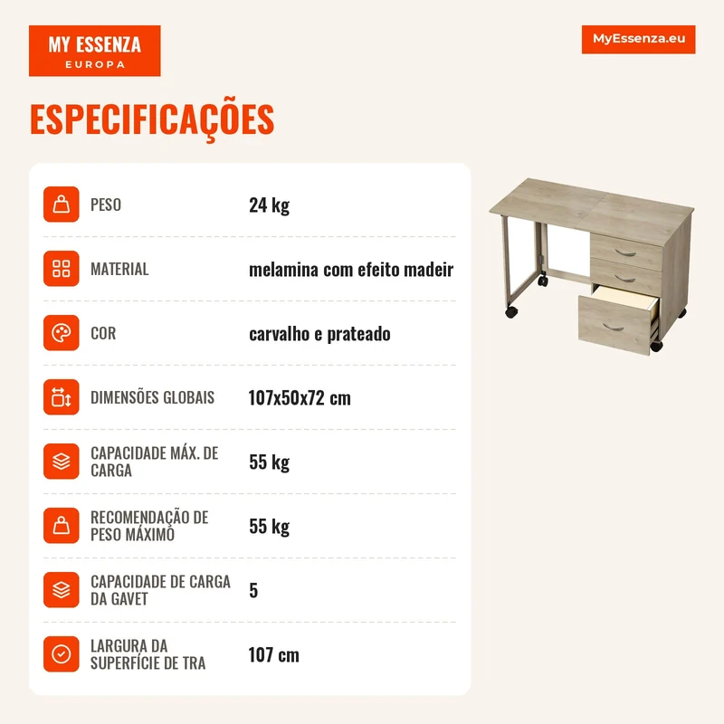 Secretária Dobrável com Rodas com Travão, 3 Gavetas e Tampo Rebatível, Design Moderno, 107x50x72 cm, Carvalho