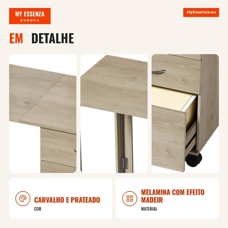 Secretária Dobrável com Rodas com Travão, 3 Gavetas e Tampo Rebatível, Design Moderno, 107x50x72 cm, Carvalho
