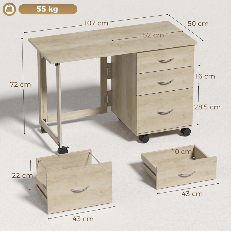 Secretária Dobrável com Rodas com Travão, 3 Gavetas e Tampo Rebatível, Design Moderno, 107x50x72 cm, Carvalho