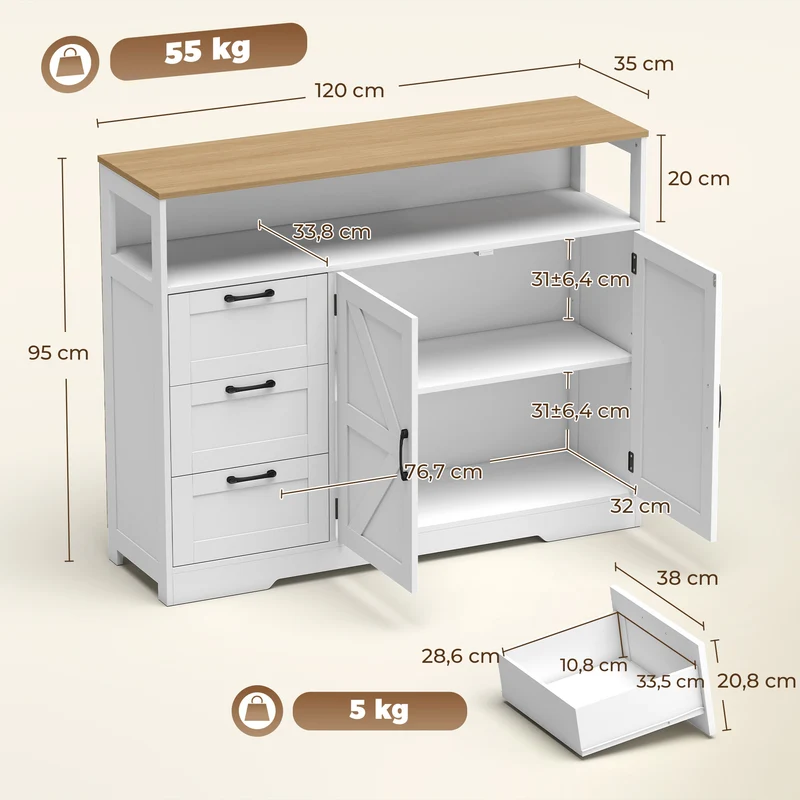 Aparador de Cozinha, Móvel de Arrumação com 3 Gavetas, 2 Portas Estilo Celeiro, Tampo e Compartimento Aberto, Branco