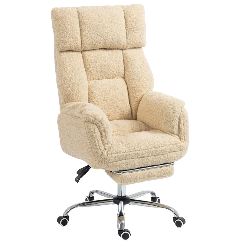 Cadeira de Escritório Ergonômica com Apoios de Braço Rebatíveis 5 Níveis, Poltrona de Escritório Reclinável em Tecido Teddy, Creme