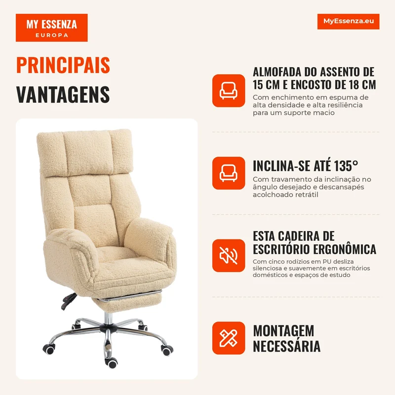 Cadeira de Escritório Ergonômica com Apoios de Braço Rebatíveis 5 Níveis, Poltrona de Escritório Reclinável em Tecido Teddy, Creme