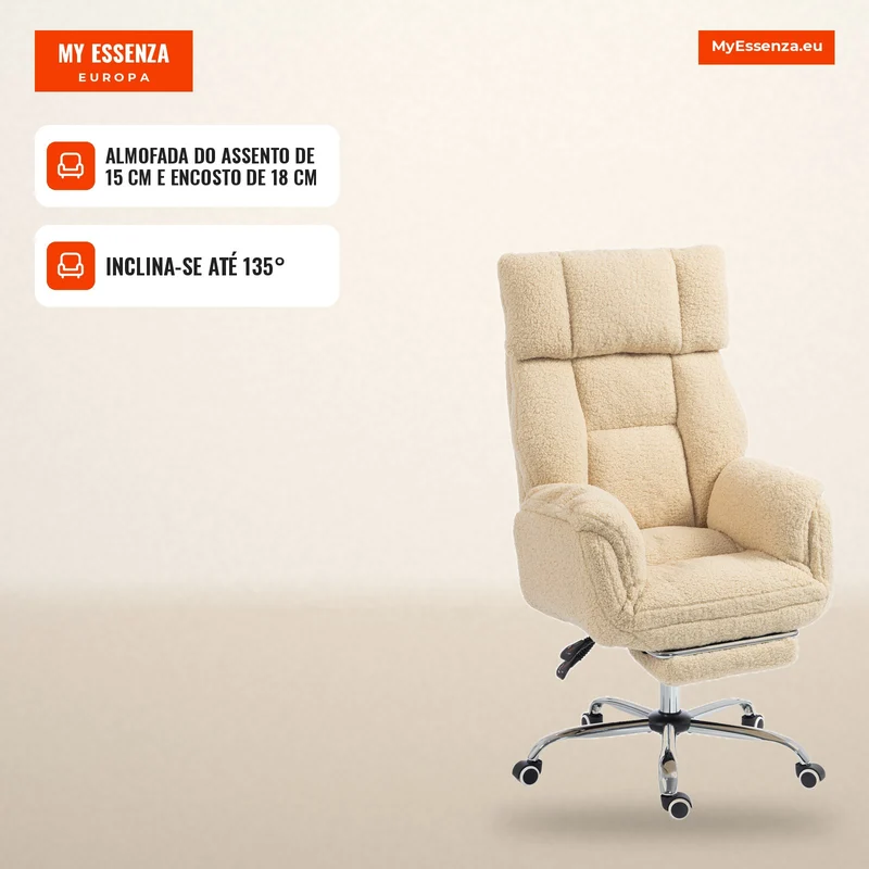 Cadeira de Escritório Ergonômica com Apoios de Braço Rebatíveis 5 Níveis, Poltrona de Escritório Reclinável em Tecido Teddy, Creme