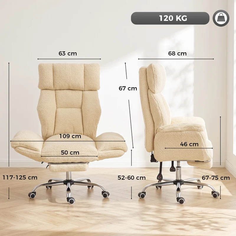 Cadeira de Escritório Ergonômica com Apoios de Braço Rebatíveis 5 Níveis, Poltrona de Escritório Reclinável em Tecido Teddy, Creme