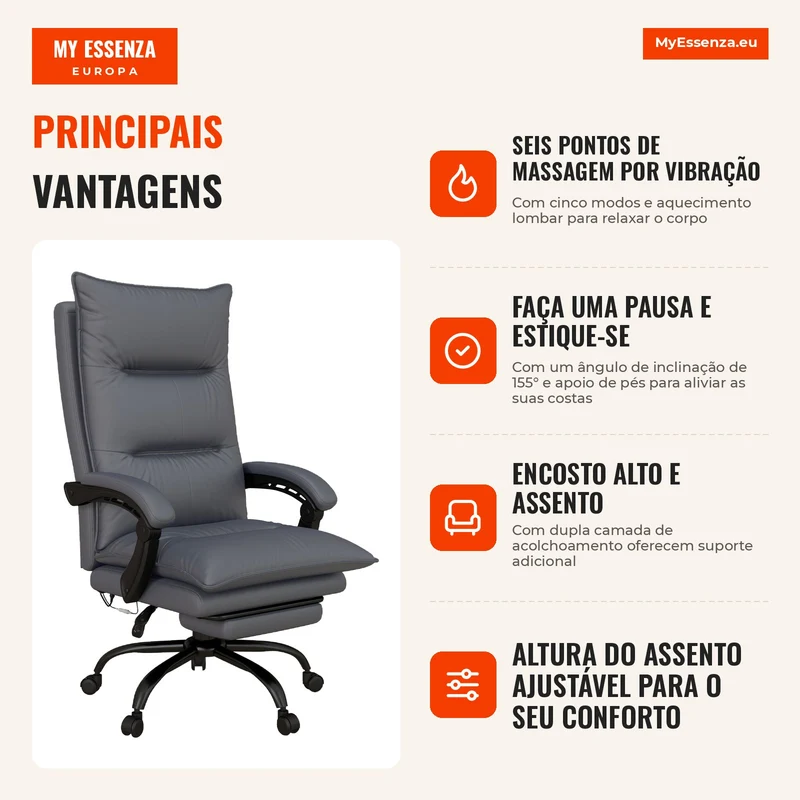 Cadeira de escritório com função de massagem e aquecimento, apoio de pés, até 120 kg, cinza escuro