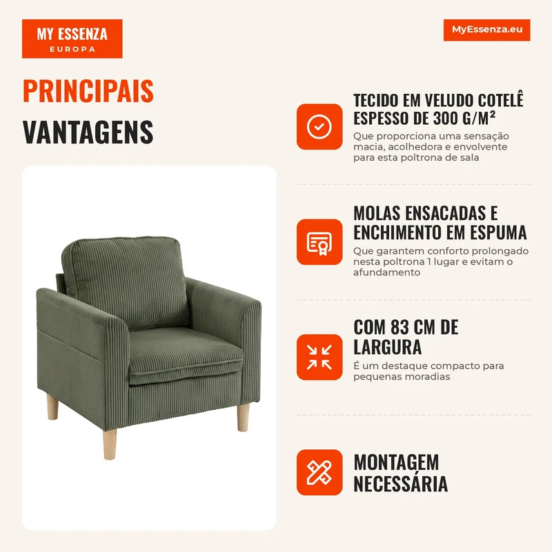 Poltrona de Sala em Veludo Cotelê Poltrona 1 Lugar Estofada com Assento Largo e Almofada com Molas 83x74x87 cm Verde