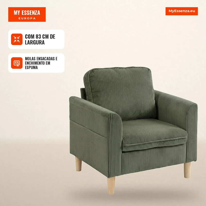Poltrona de Sala em Veludo Cotelê Poltrona 1 Lugar Estofada com Assento Largo e Almofada com Molas 83x74x87 cm Verde