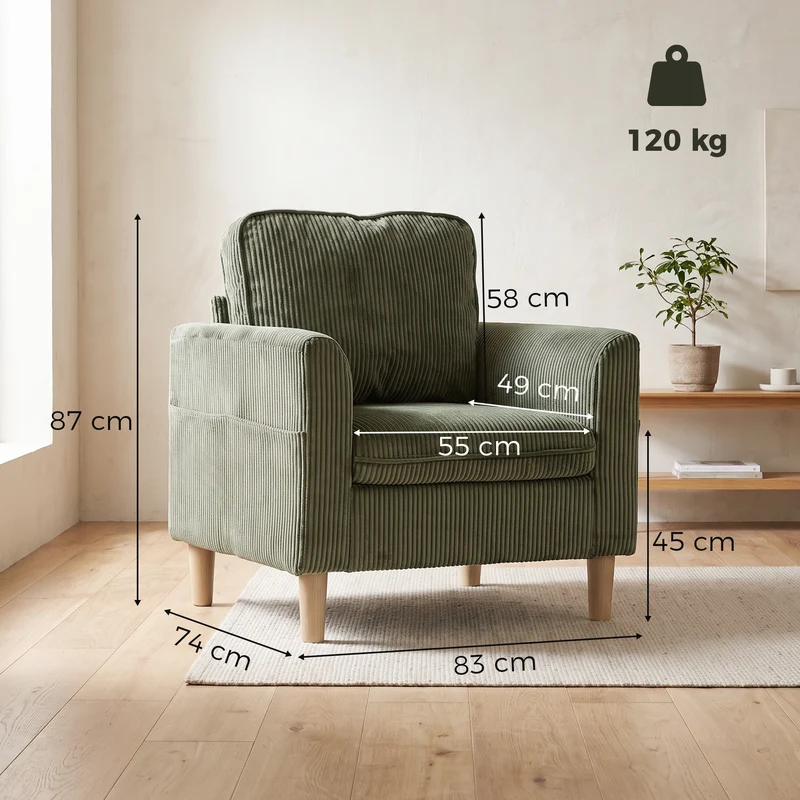 Poltrona de Sala em Veludo Cotelê Poltrona 1 Lugar Estofada com Assento Largo e Almofada com Molas 83x74x87 cm Verde