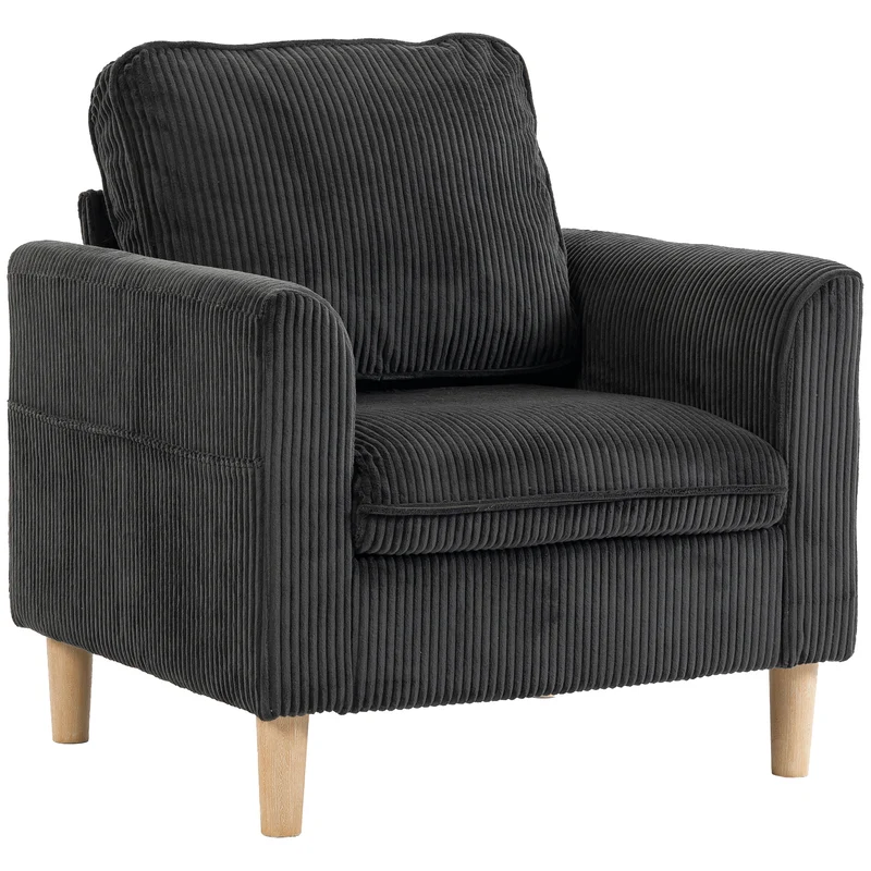 Poltrona de Sala em Veludo Cotelê Poltrona 1 Lugar Estofada Assento Largo Almofada com Molas 83x74x87 cm Cinza Escuro