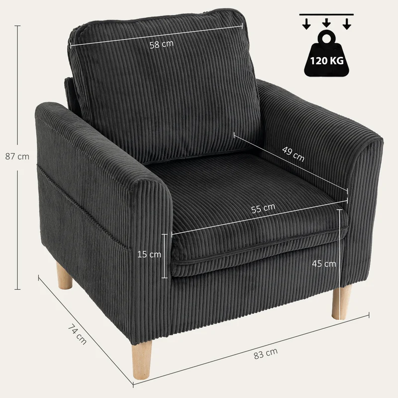 Poltrona de Sala em Veludo Cotelê Poltrona 1 Lugar Estofada Assento Largo Almofada com Molas 83x74x87 cm Cinza Escuro