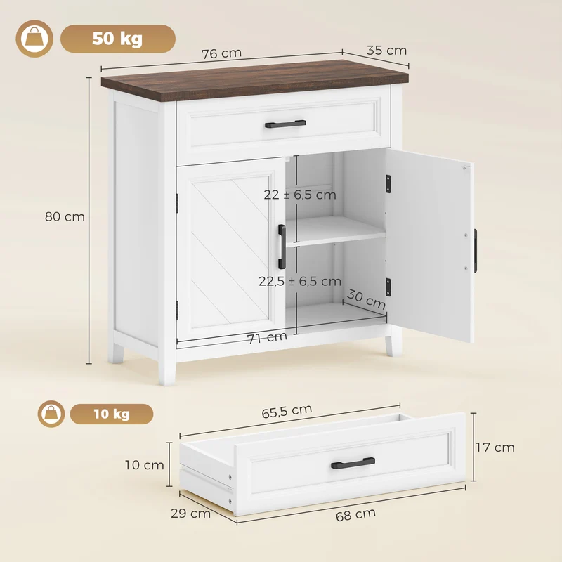 Aparador de Sala Móvel de Arrumação com 2 Portas Gaveta e Prateleira Ajustável 76x35x80 cm Branco