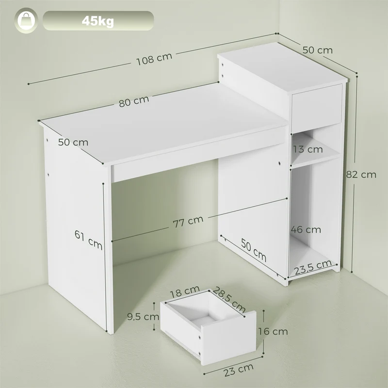 Escrivaninha para computador com gaveta e prateleira, mesa de computador com suporte para unidade central, 108 x 50 x 82 cm, branco
